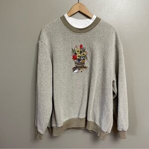 Bon Worth womenโs XL Petite Embroidered Cottage Core taupe grandma crewneck